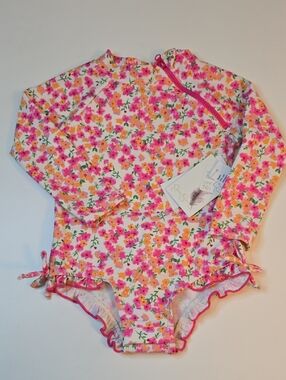 Jessica Simpson Girls Floral Long-Sleeve Rashguard One-Piece - Pink/Orange/Green